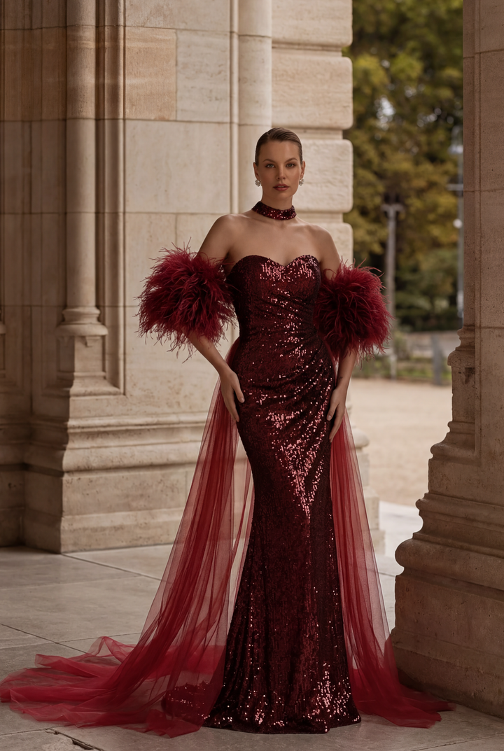 Gothic Burgundy Sequin Evening Dress with Feathered Sleeves - Gothic Red Evening Gown with TullePlus Size