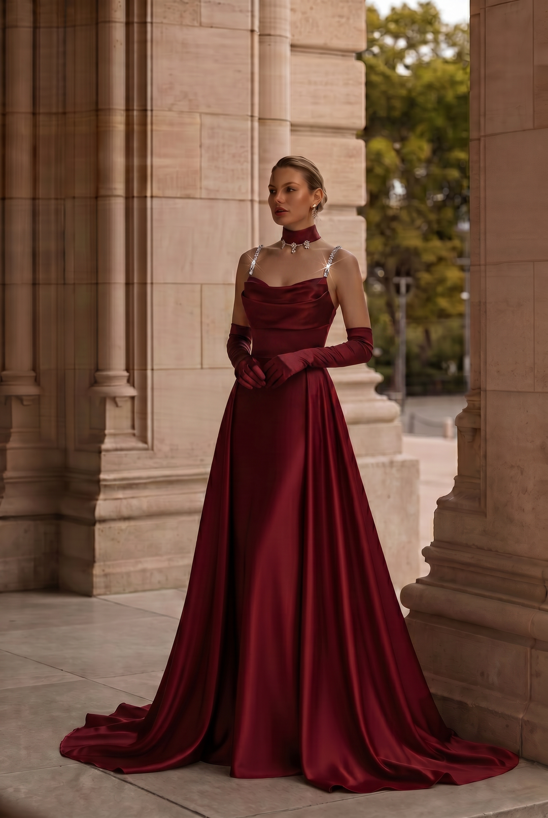 Gothic Burgundy Slip Formal Dress With Corset Plus Size Size 14 / Red / With Choker +Gloves