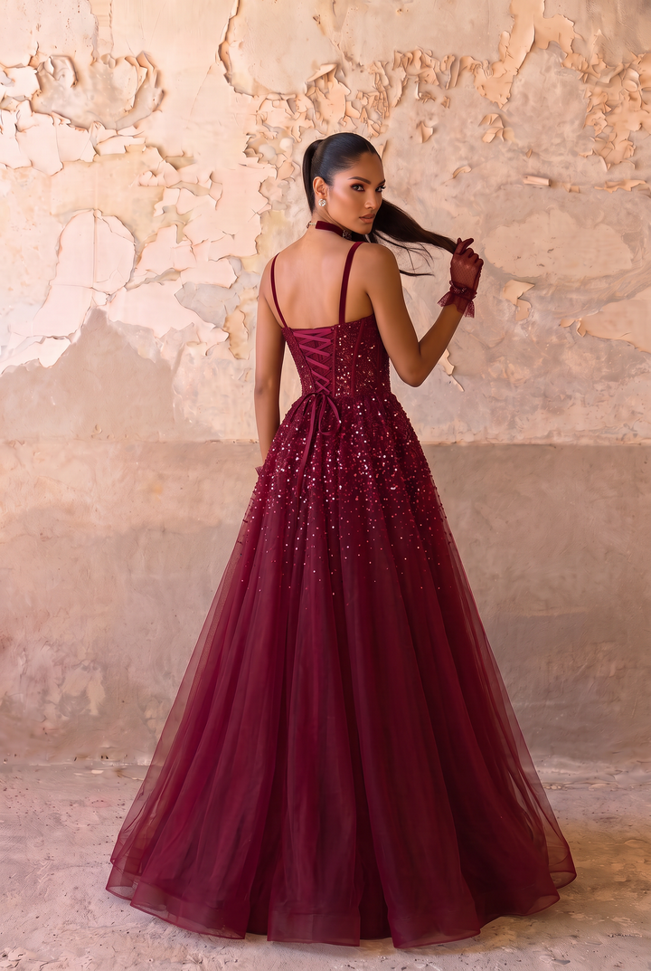 Gothic Burgundy Spaghetti Straps Beaded Formal Dress  Prom Dress - Plus Size
