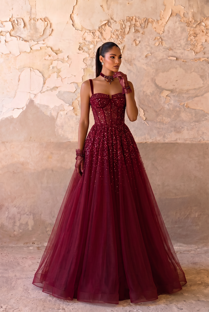 Gothic Burgundy Spaghetti Straps Beaded Formal Dress  Prom Dress - Plus Size