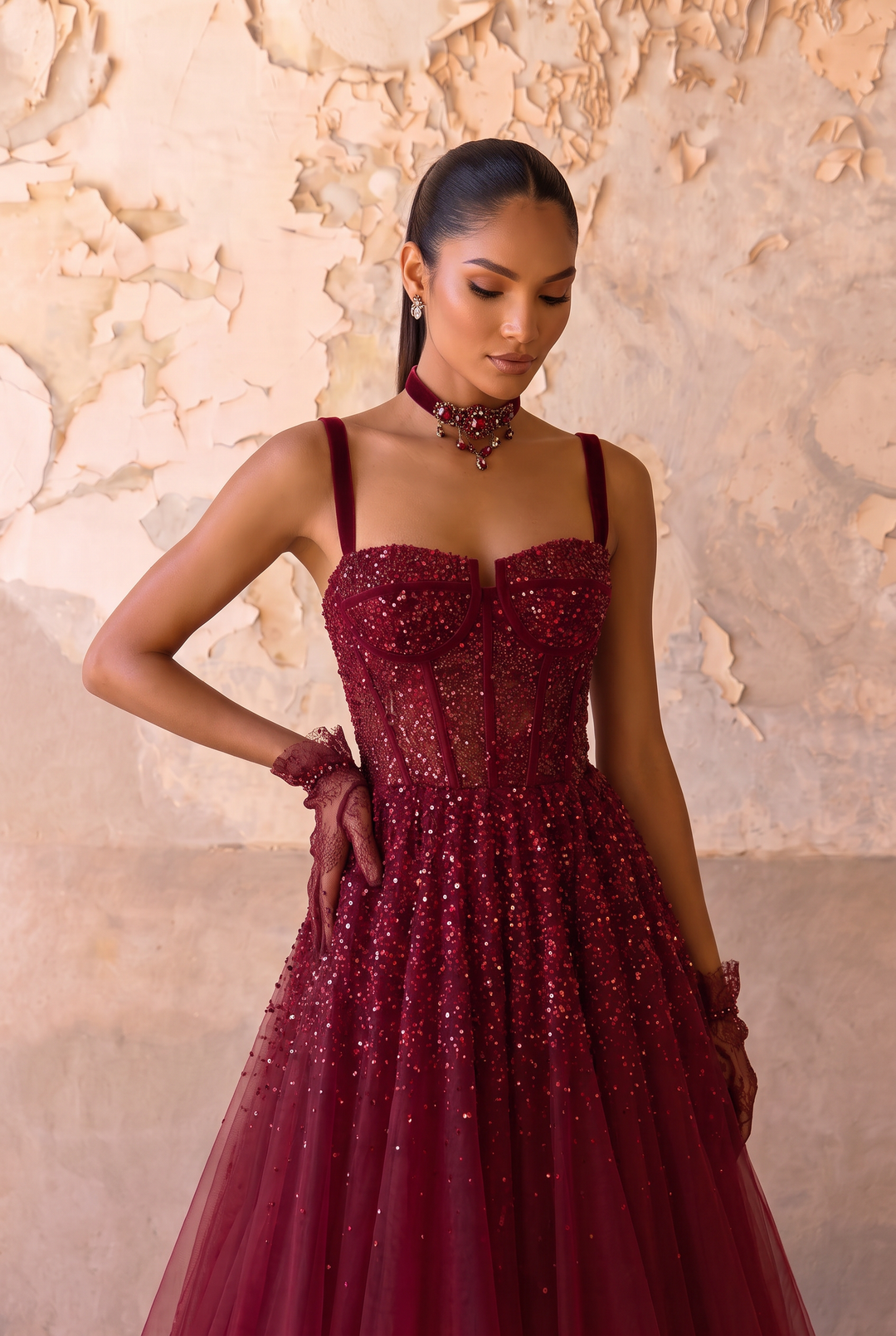 Gothic Burgundy Spaghetti Straps Beaded Formal Dress  Prom Dress - Plus Size