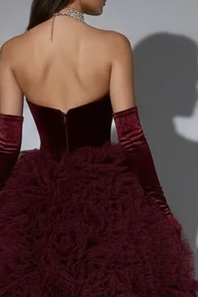 Gothic Burgundy Tiered Tulle Wedding Dress with Floral Appliqué - Elegant Corset Back Tiered Gown Plus Size