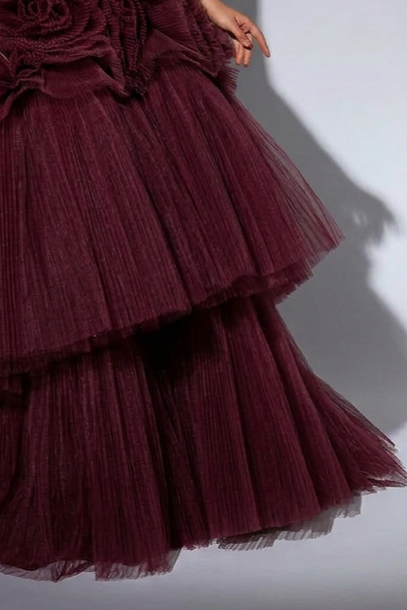 Gothic Burgundy Tiered Tulle Wedding Dress with Floral Appliqué - Elegant Corset Back Tiered Gown Plus Size