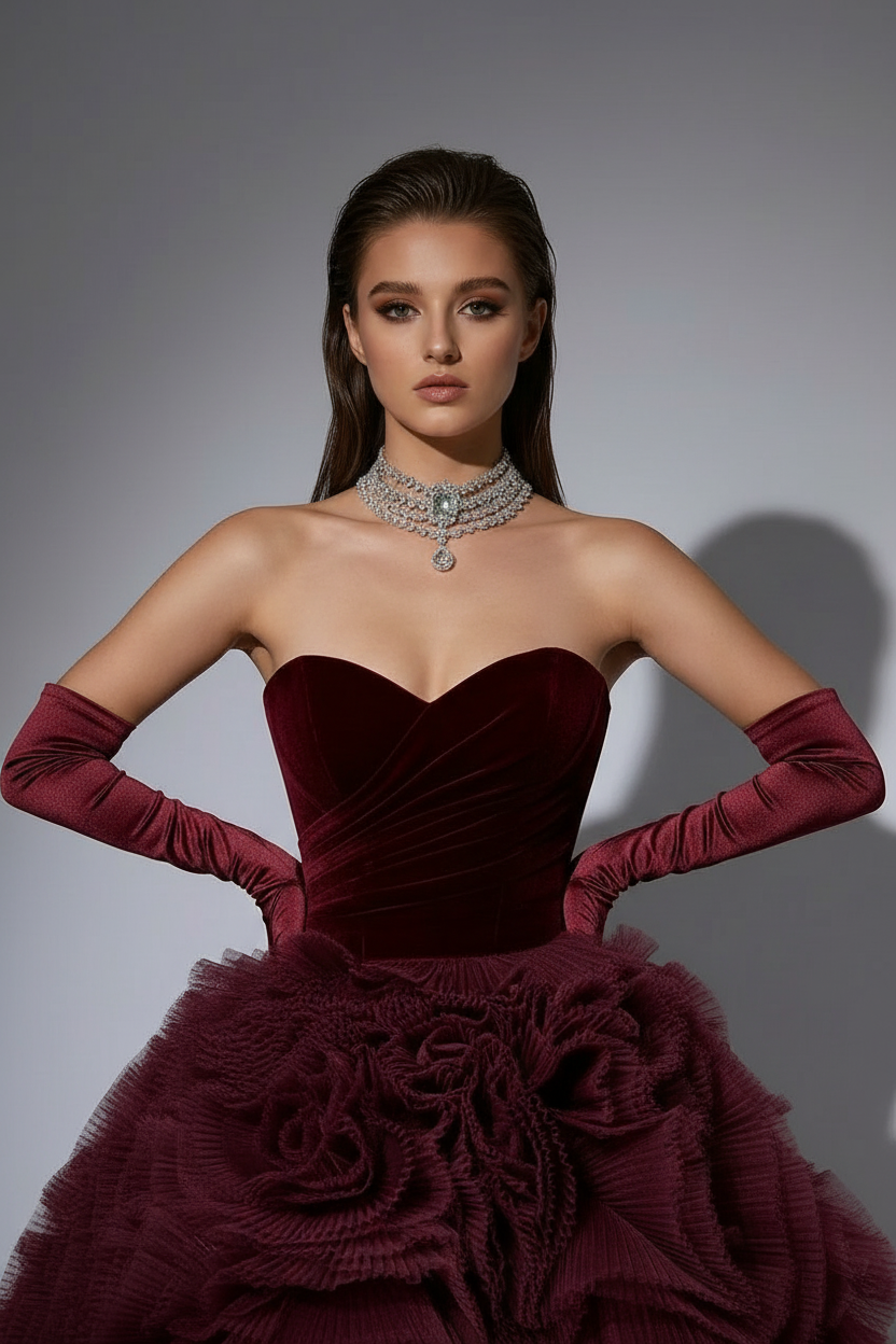Gothic Burgundy Tiered Tulle Wedding Dress with Floral Appliqué - Elegant Corset Back Tiered Gown Plus Size