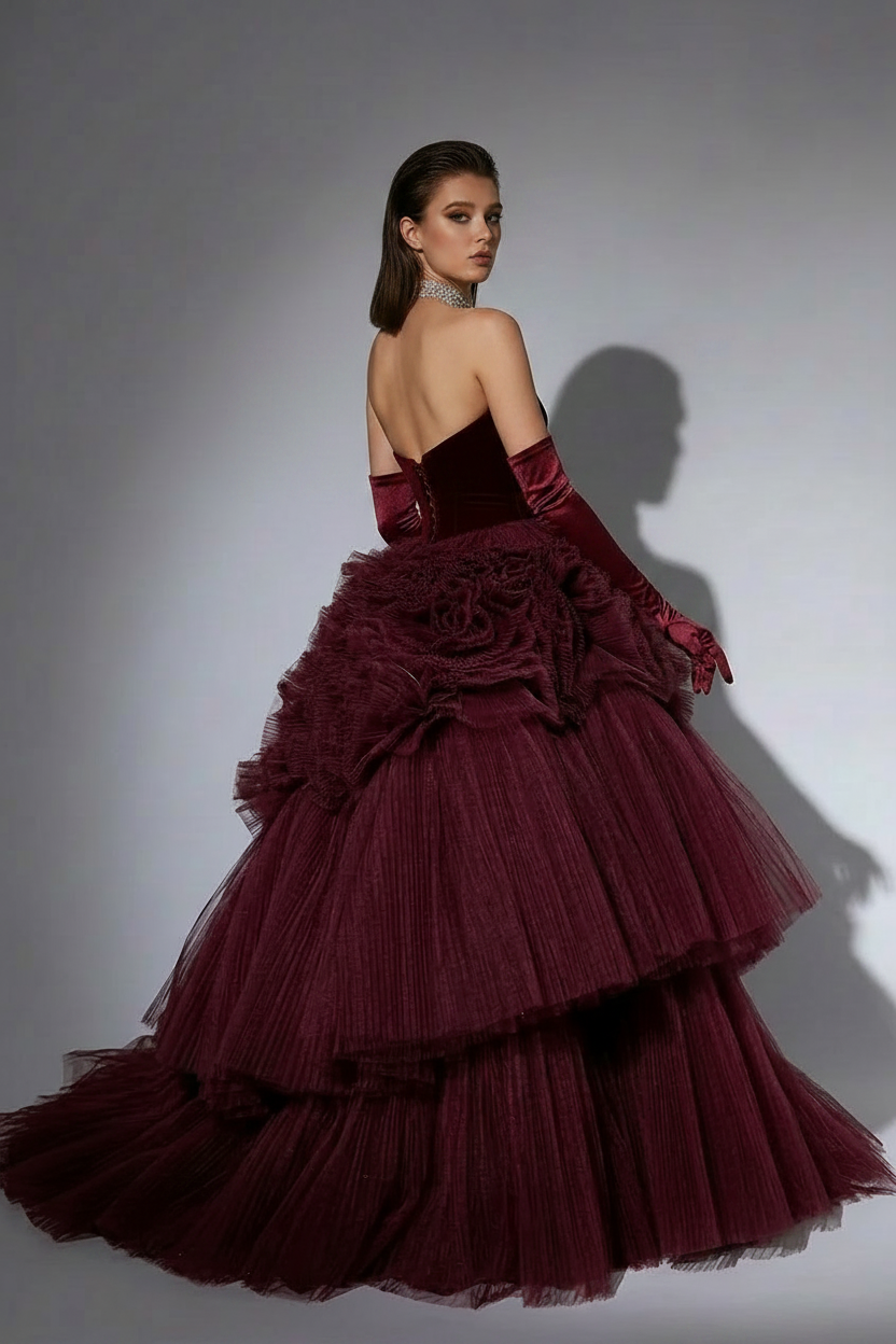 Gothic Burgundy Tiered Tulle Wedding Dress with Floral Appliqué