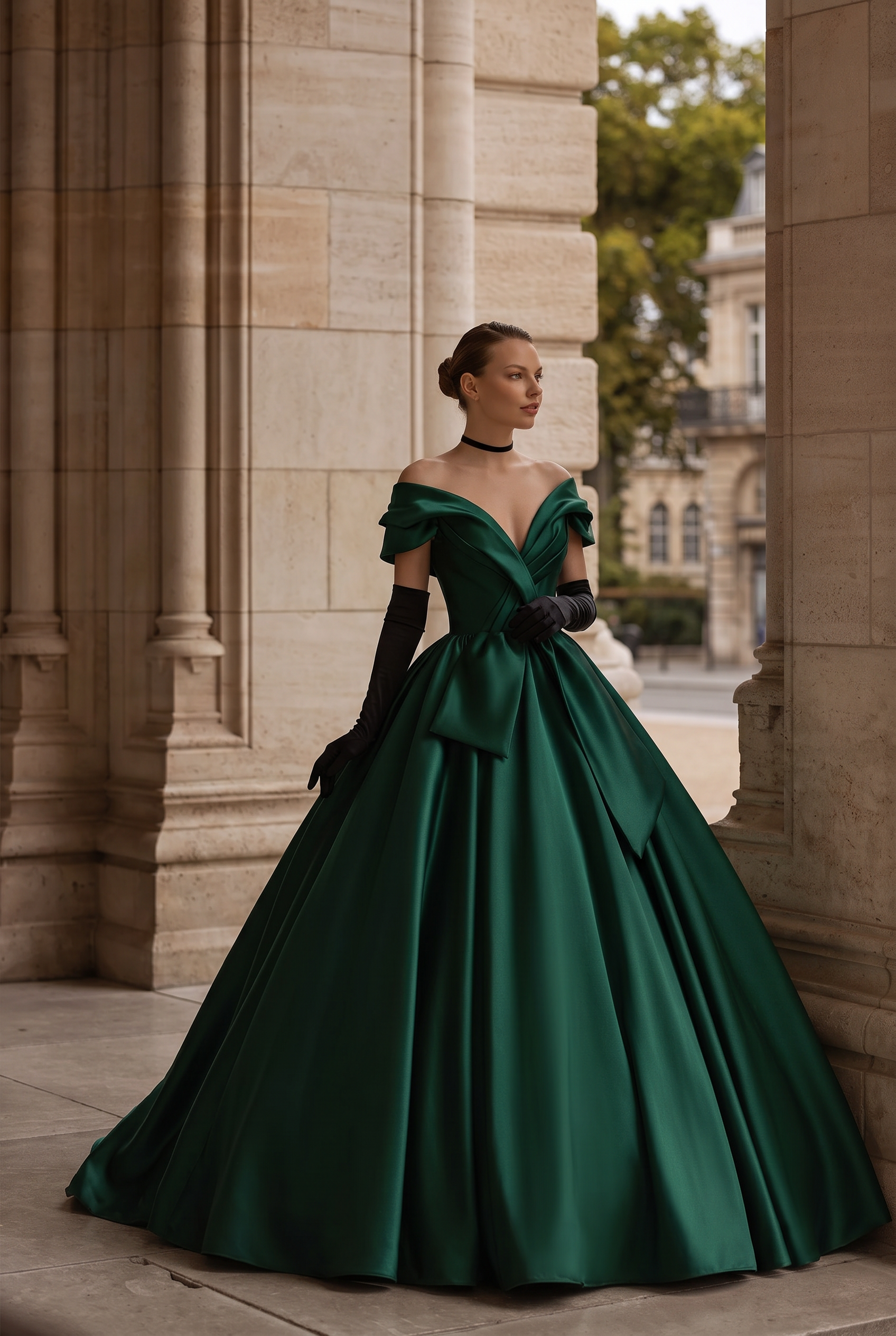 Gothic Emerald Green Off-Shoulder Ball Gown with Cinched Waist - Satin   WonderlandByLilian
