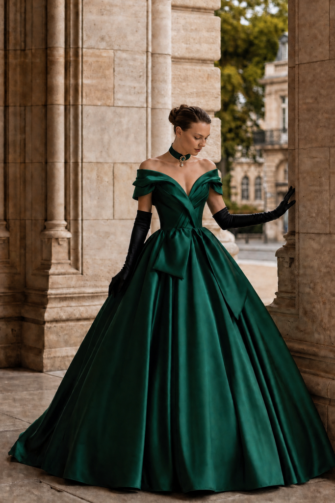 Gothic Emerald Green Off-Shoulder Ball Gown With Cinched Waist - Satin Evening Dress Plus Size Size 14 / Teal Green / With Choker +Gloves Gothic Emerald Green Off-Shoulder Ball Gown With Cinched Waist - Satin Evening Dress Plus Size Size 14 / Teal Green / With Choker +Gloves