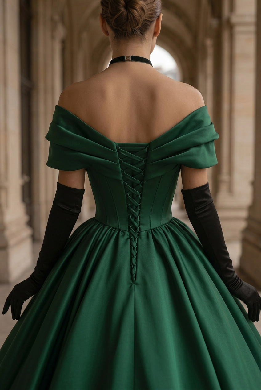 Gothic Emerald Green Off-Shoulder Ball Gown with Cinched Waist