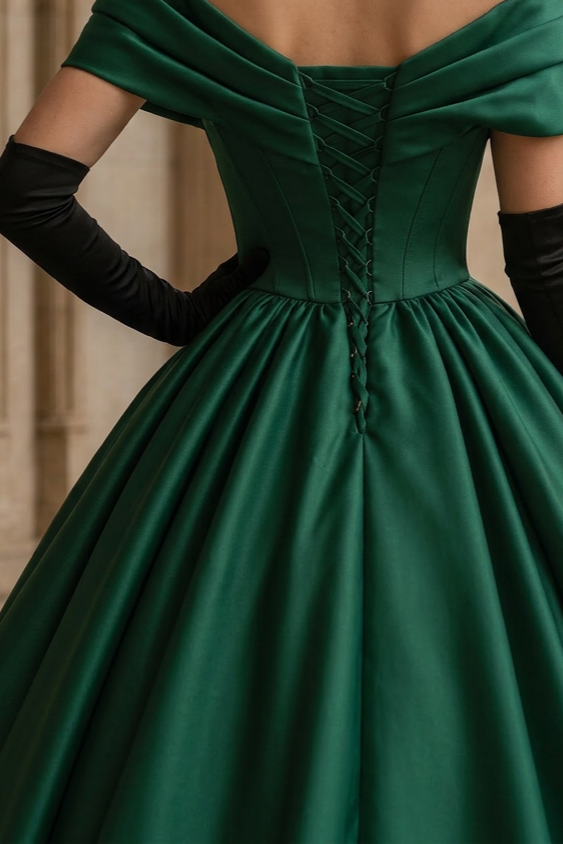 Gothic Emerald Green Off-Shoulder Ball Gown with Cinched Waist - Satin WonderlandByLilian Gothic Emerald Green Off-Shoulder Ball Gown with Cinched Waist - Satin WonderlandByLilian