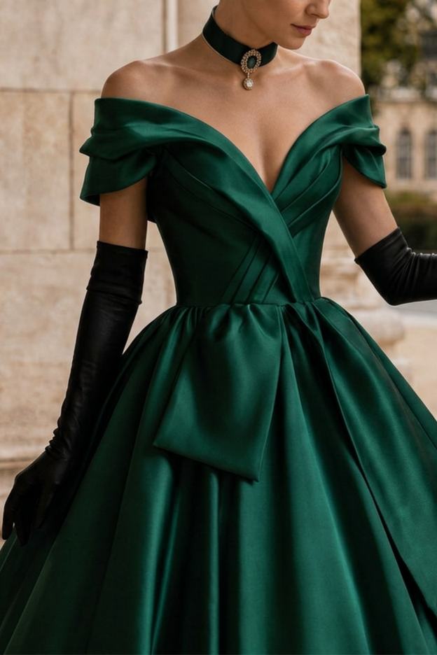 Gothic Emerald Green Off-Shoulder Ball Gown with Cinched Waist - Satin Evening Dress Plus Size