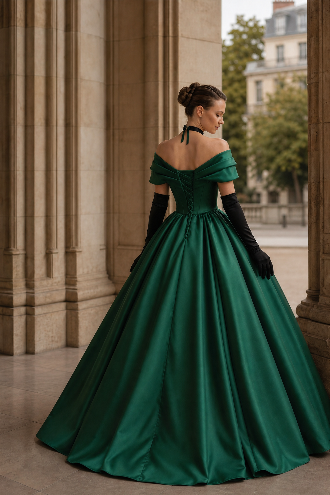 Gothic Emerald Green Off-Shoulder Ball Gown with Cinched Waist - Satin Evening Dress Plus Size
