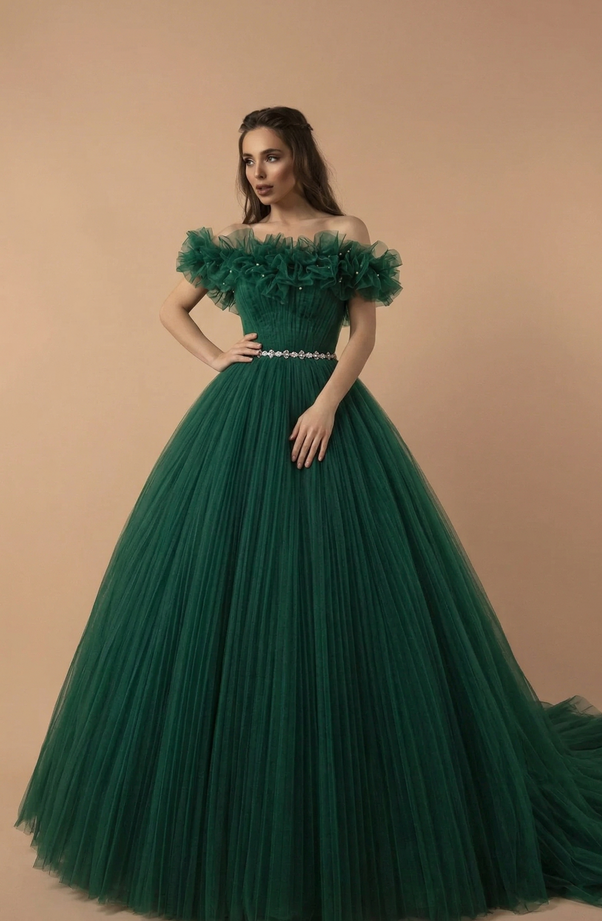 Gothic Emerald Green Tulle Wedding Dress with Layered Ruffle Neckline WonderlandByLilian Gothic Emerald Green Tulle Wedding Dress with Layered Ruffle Neckline WonderlandByLilian