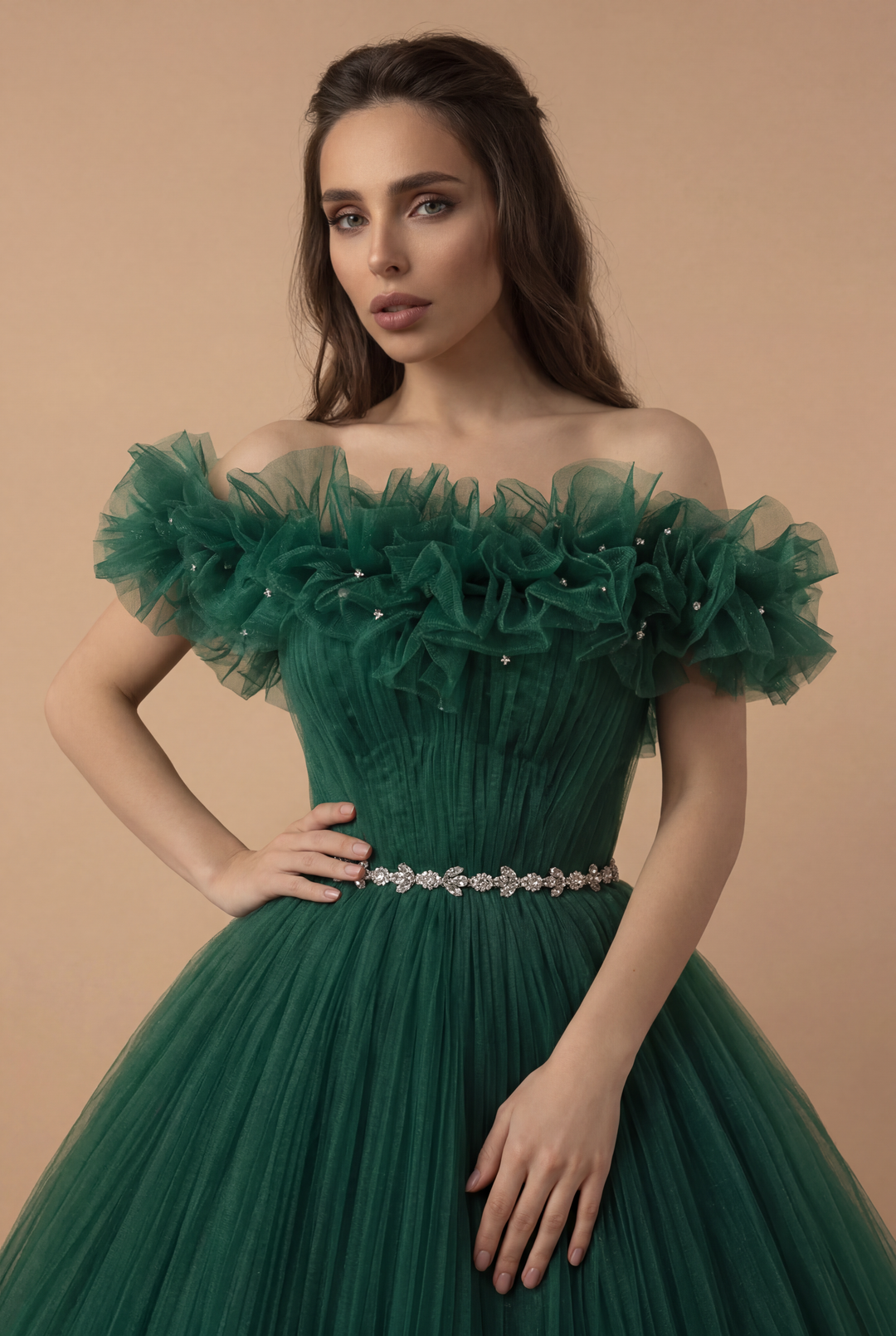 Gothic Emerald Green Tulle Wedding Dress with Layered Ruffle Neckline WonderlandByLilian Gothic Emerald Green Tulle Wedding Dress with Layered Ruffle Neckline WonderlandByLilian