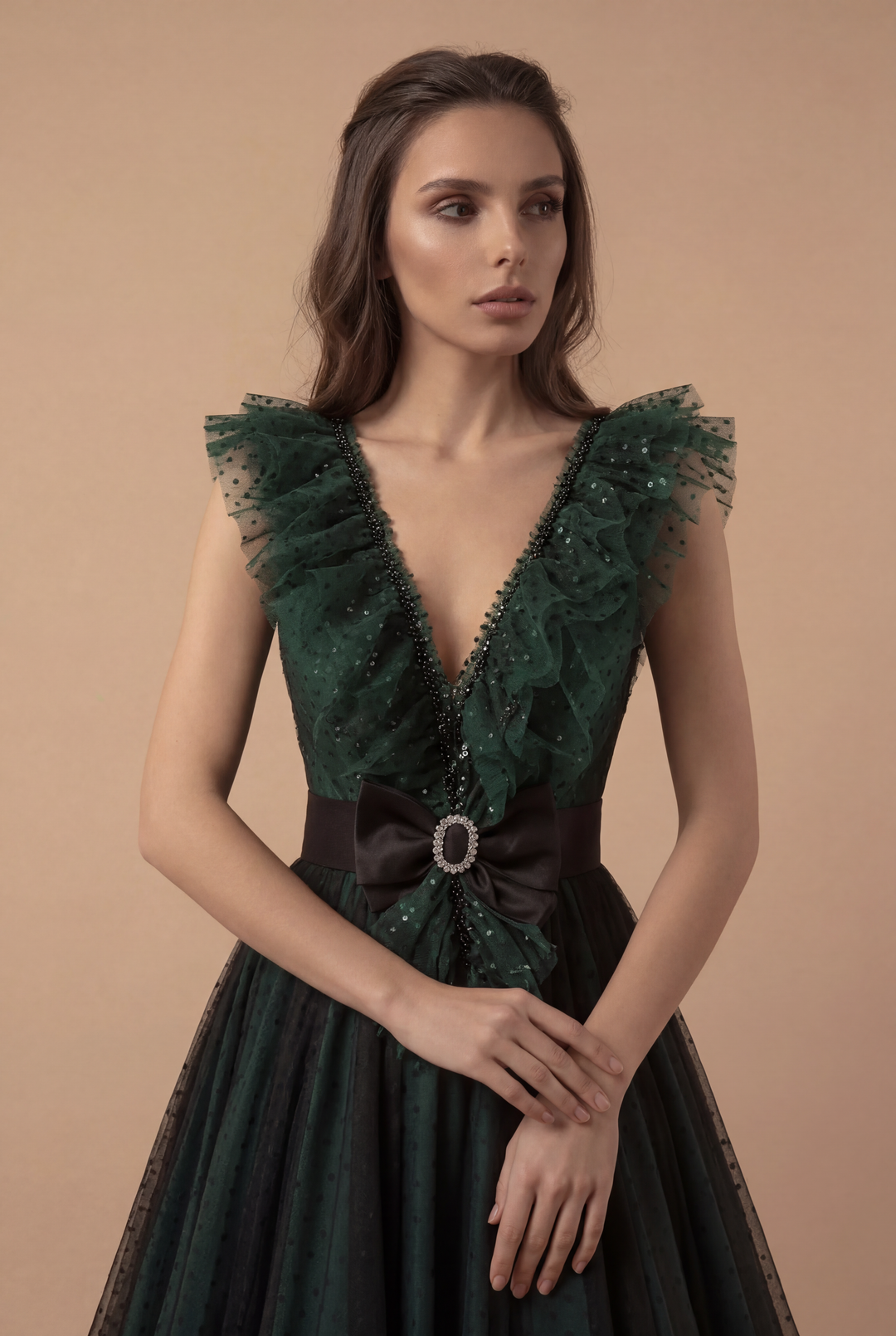 Gothic Forest Green Ball Gown with Textured Ruffle Accents - Green Evening Dress with Bow Tie Belt Plus Size Size 2 / Teal Green Gothic Forest Green Ball Gown with Textured Ruffle Accents - Green Evening Dress with Bow Tie Belt Plus Size Size 2 / Teal Green