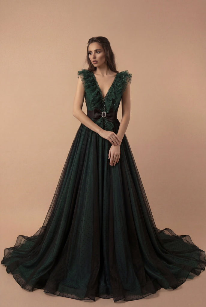 Gothic Forest Green Ball Gown with Textured Ruffle Accents