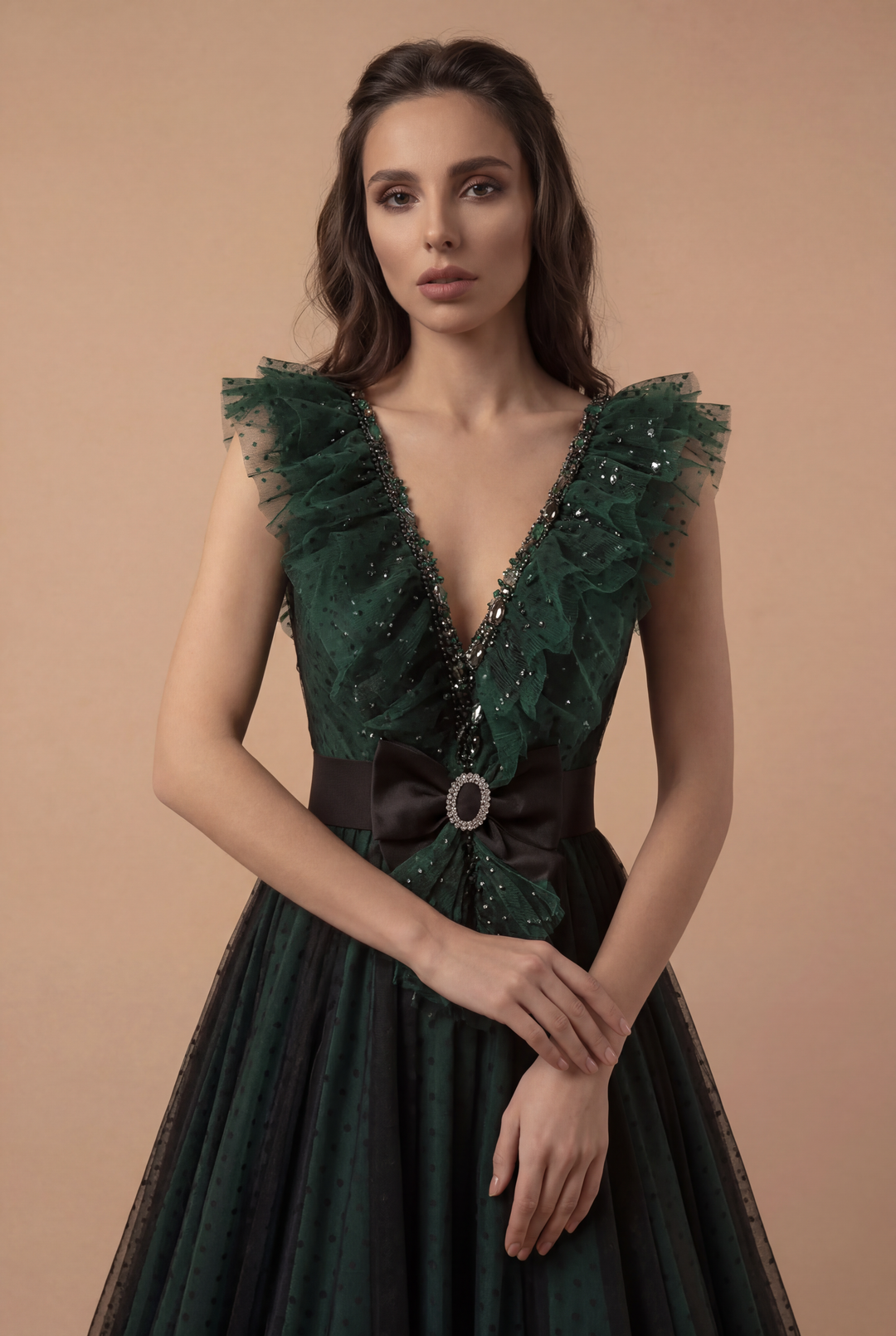 Gothic Forest Green Ball Gown with Textured Ruffle Accents - Green Evening Dress with Bow Tie Belt Plus Size Size 2 / Teal Green Gothic Forest Green Ball Gown with Textured Ruffle Accents - Green Evening Dress with Bow Tie Belt Plus Size Size 2 / Teal Green