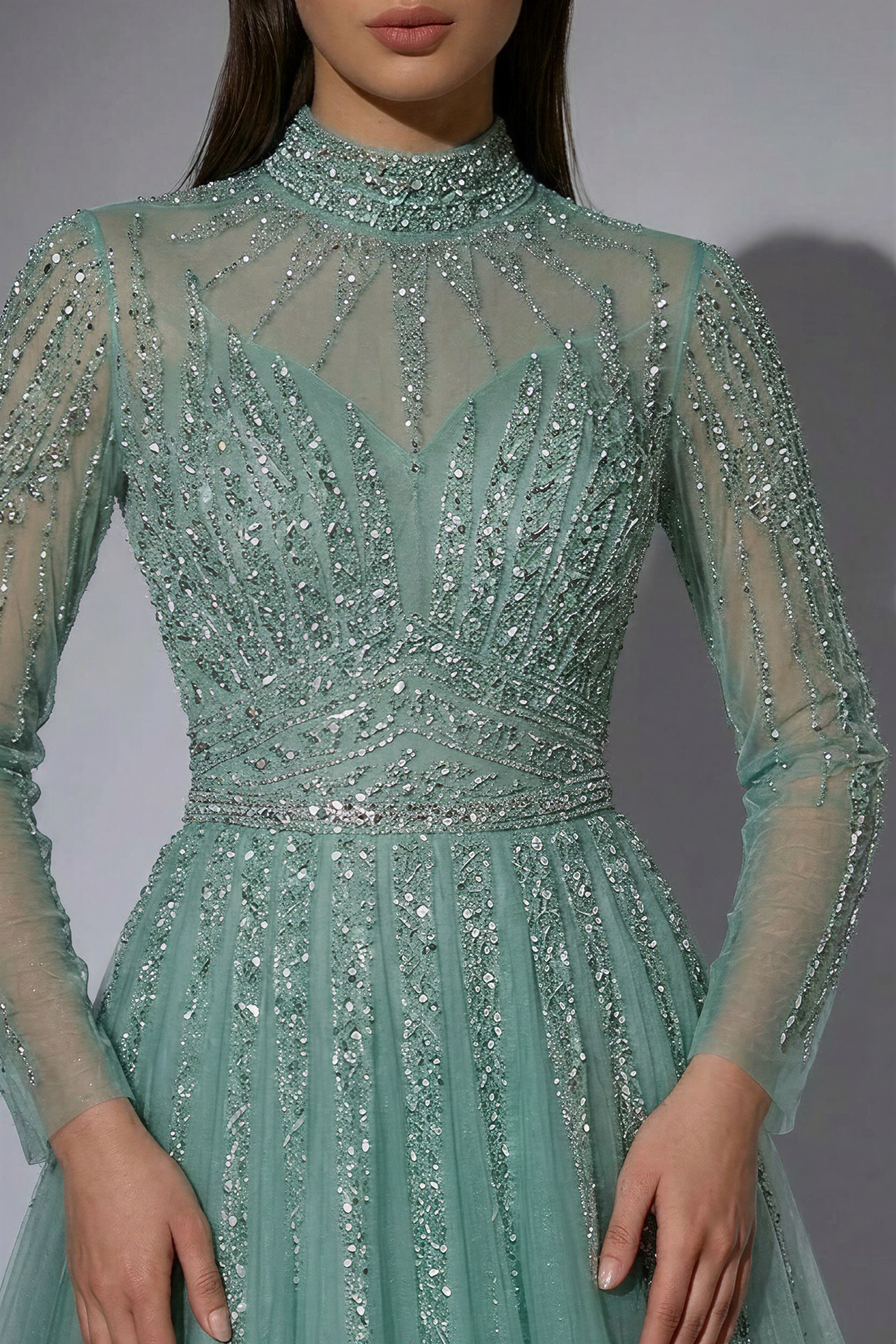 Gothic Green Sequin and Tulle Evening Gown - Pretty Glitter Dress with Dramatic Sleeves Plus Size