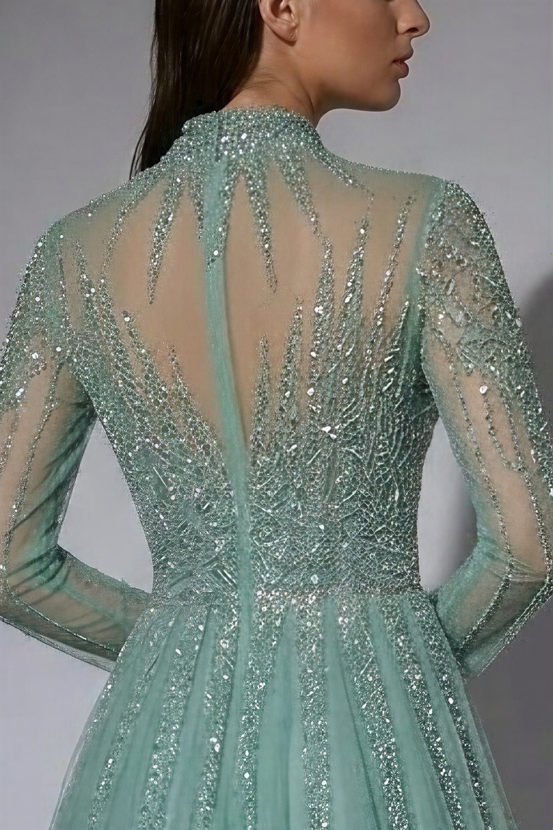 Gothic Green Sequin and Tulle Evening Gown - Pretty Glitter Dress with Dramatic Sleeves Plus Size