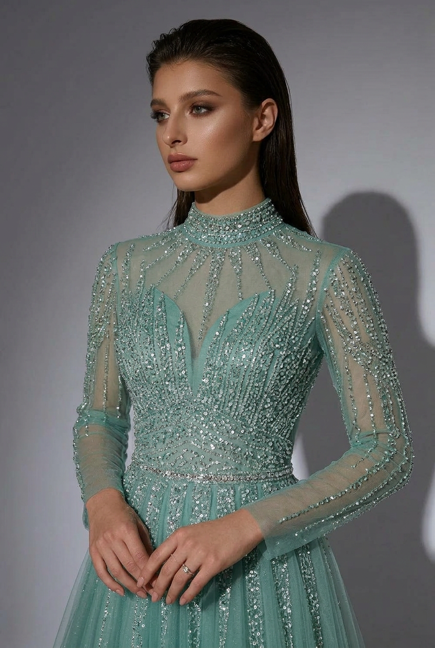 Gothic Green Sequin and Tulle Evening Gown - Pretty Glitter Dress with Dramatic Sleeves Plus Size