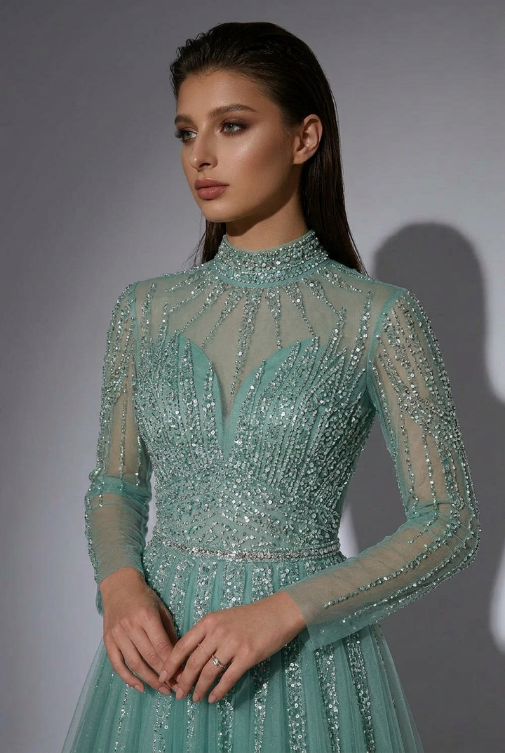 Gothic Green Sequin and Tulle Evening Gown - Pretty Glitter Dress with Dramatic Sleeves Plus Size