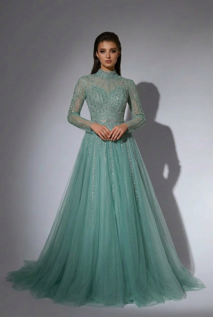 Gothic Green Sequin and Tulle Evening Gown - Pretty Glitter Dress with Dramatic Sleeves Plus Size