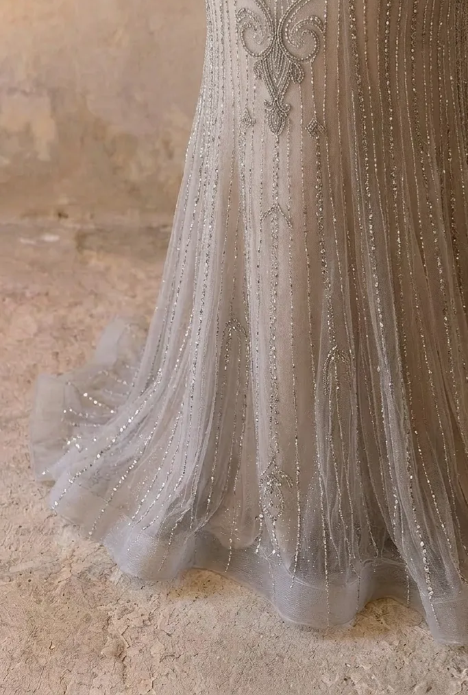 Gothic Grey Sequin and Beaded Evening Gown with Sheer Sleeves - Pretty Grey Sequin Dress with Tulle Plus Size