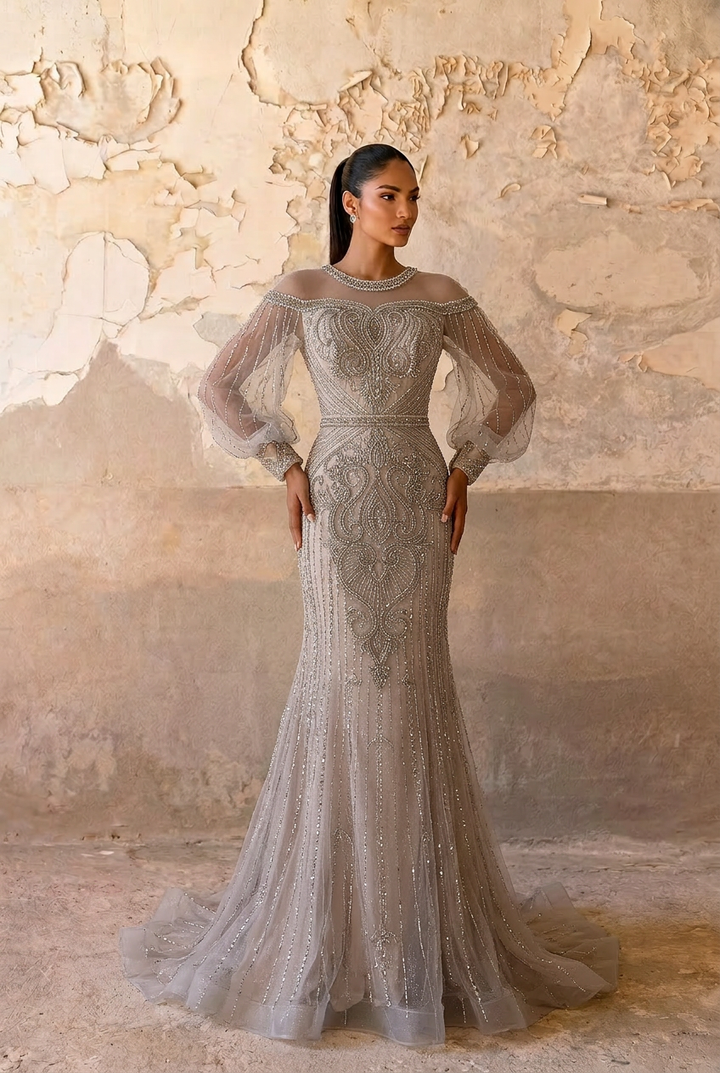 Gothic Grey Sequin and Beaded Evening Gown with Sheer Sleeves - Pretty Grey Sequin Dress with Tulle Plus Size