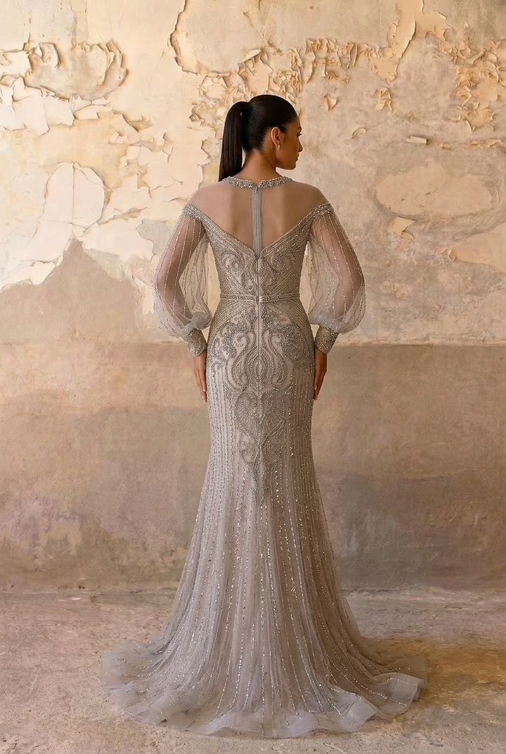 Gothic Grey Sequin and Beaded Evening Gown with Sheer Sleeves - Pretty Grey Sequin Dress with Tulle Plus Size