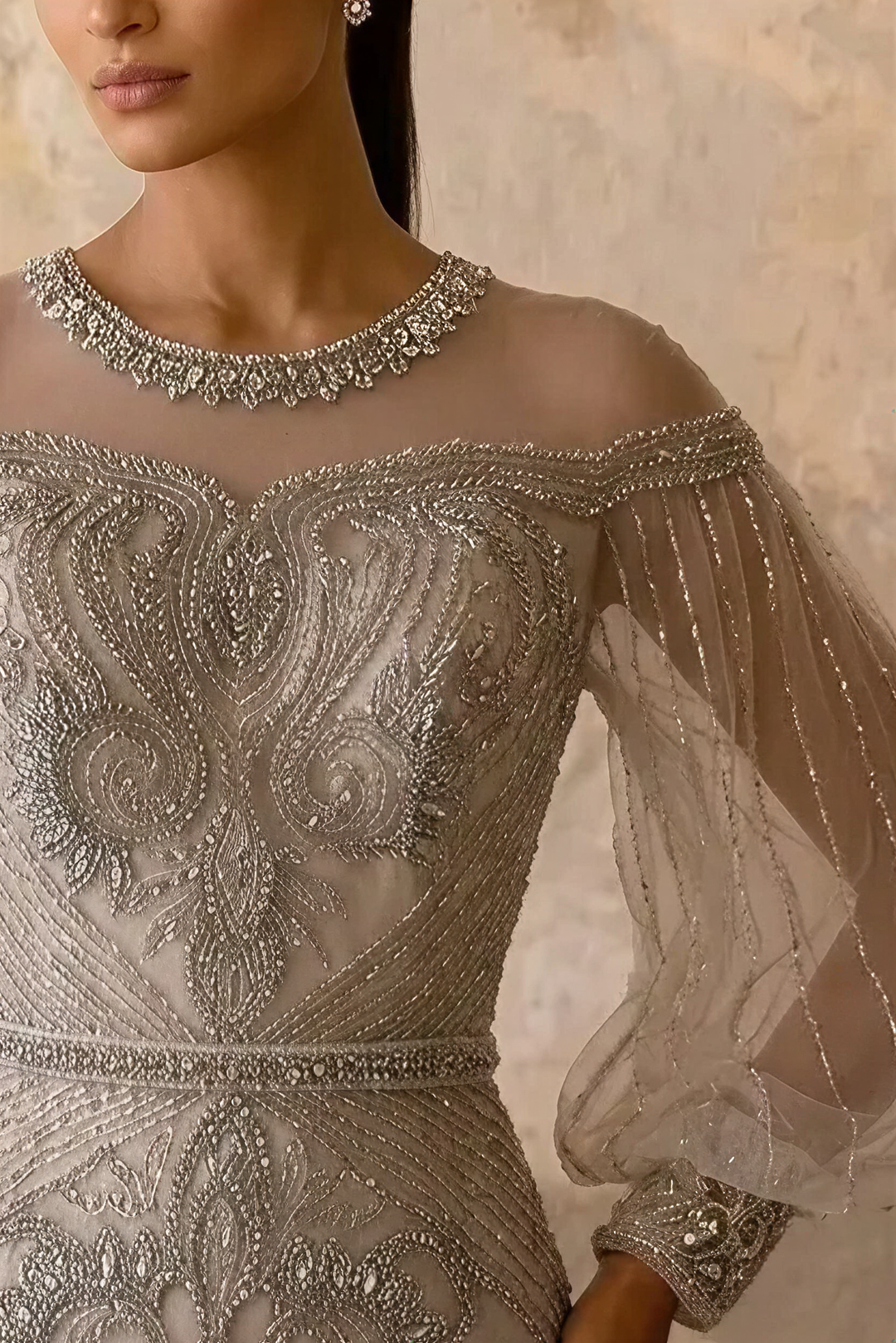 Gothic Grey Sequin and Beaded Evening Gown with Sheer Sleeves - Pretty Grey Sequin Dress with Tulle Plus Size