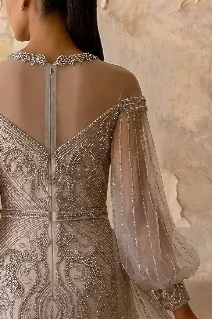 Gothic Grey Sequin and Beaded Evening Gown with Sheer Sleeves - Pretty Grey Sequin Dress with Tulle Plus Size