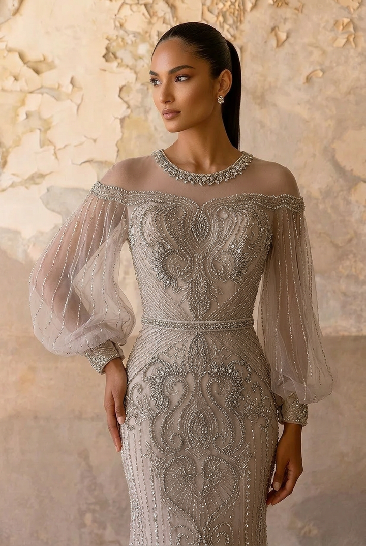 Gothic Grey Sequin and Beaded Evening Gown with Sheer Sleeves - Pretty Grey Sequin Dress with Tulle Plus Size