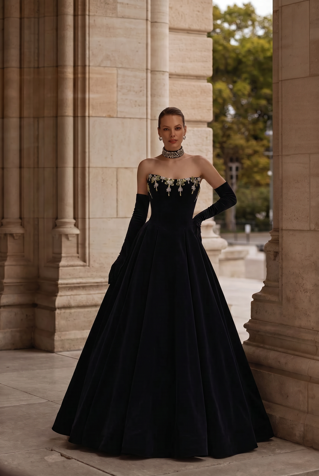 Gothic Navy Blue Evening Dress with Corset Back