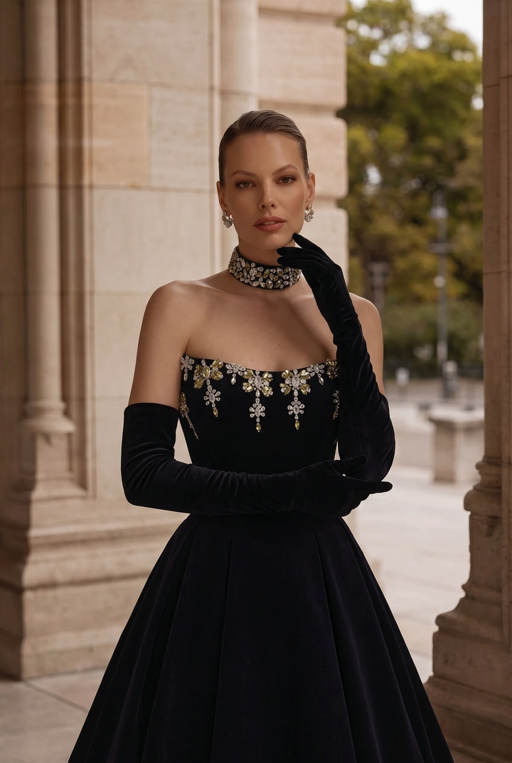 Gothic Navy Blue Evening Dress with Corset Back - Embellished Gown and Elegant A-Line Evening Gown Plus Size