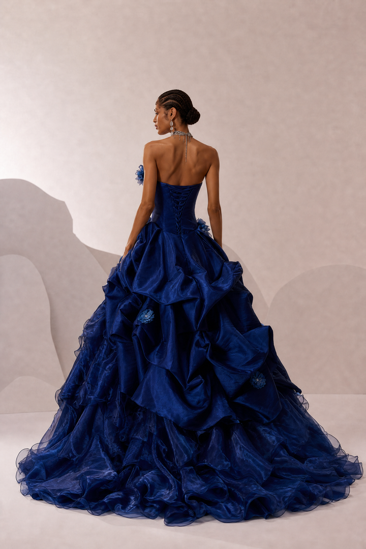 Gothic Navy Blue Floral Evening Dress with Floral Embellishment – Elegant Strapless Evening Dress with Corset Back Plus Size