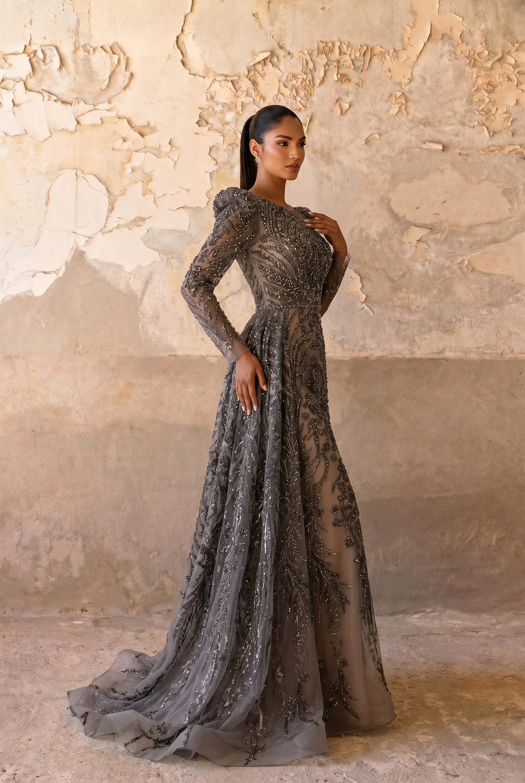 Gothic Noir and Nude Sequin Evening Gown - Gothic Black Evening Dress with TullePlus Size