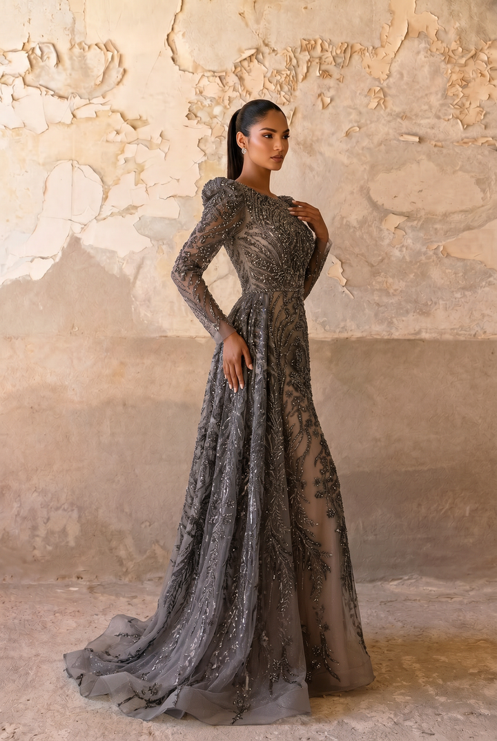 Gothic Noir and Nude Sequin Evening Gown - Gothic Black Evening Dress with TullePlus Size