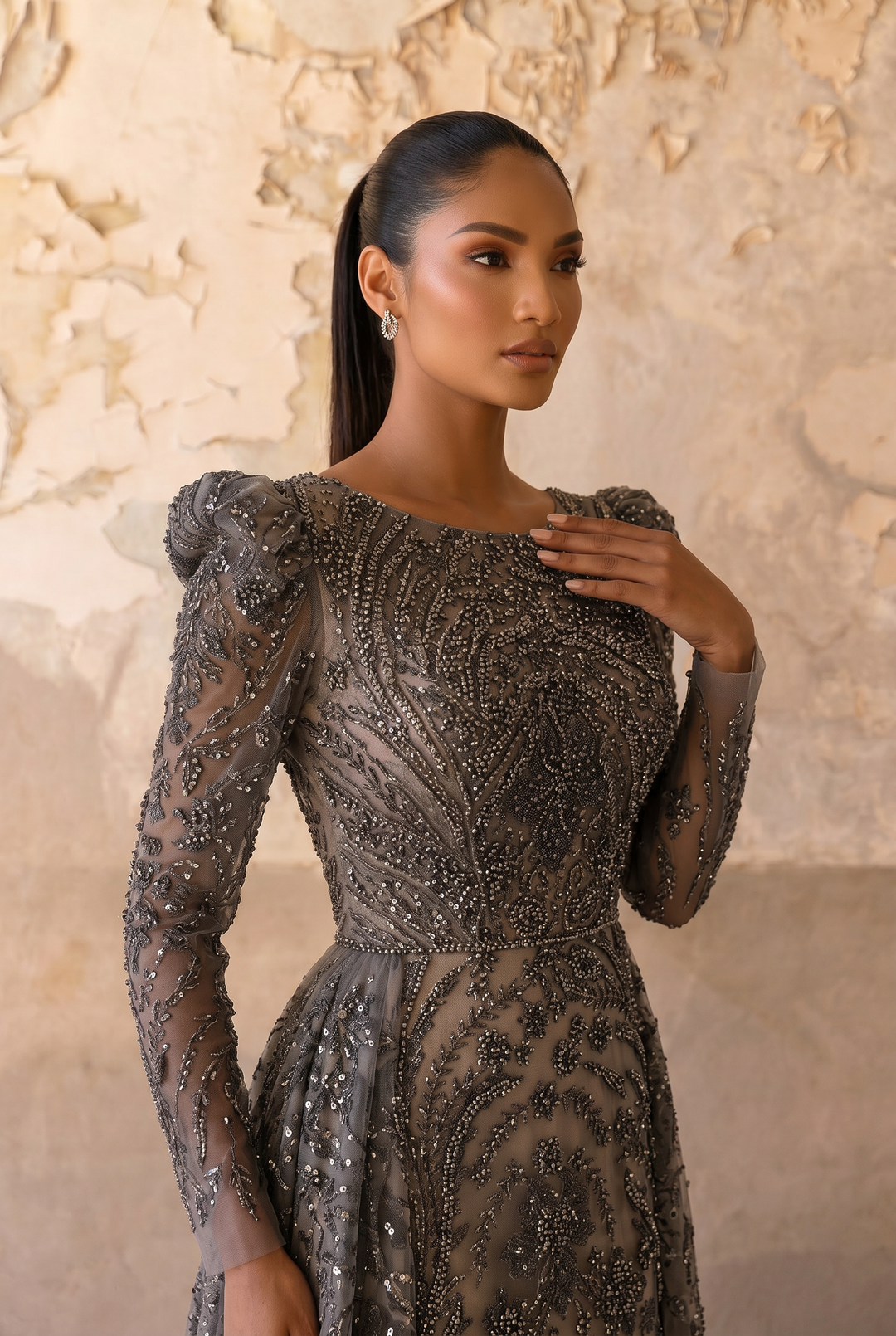 Gothic Noir and Nude Sequin Evening Gown - Gothic Black Evening Dress with TullePlus Size