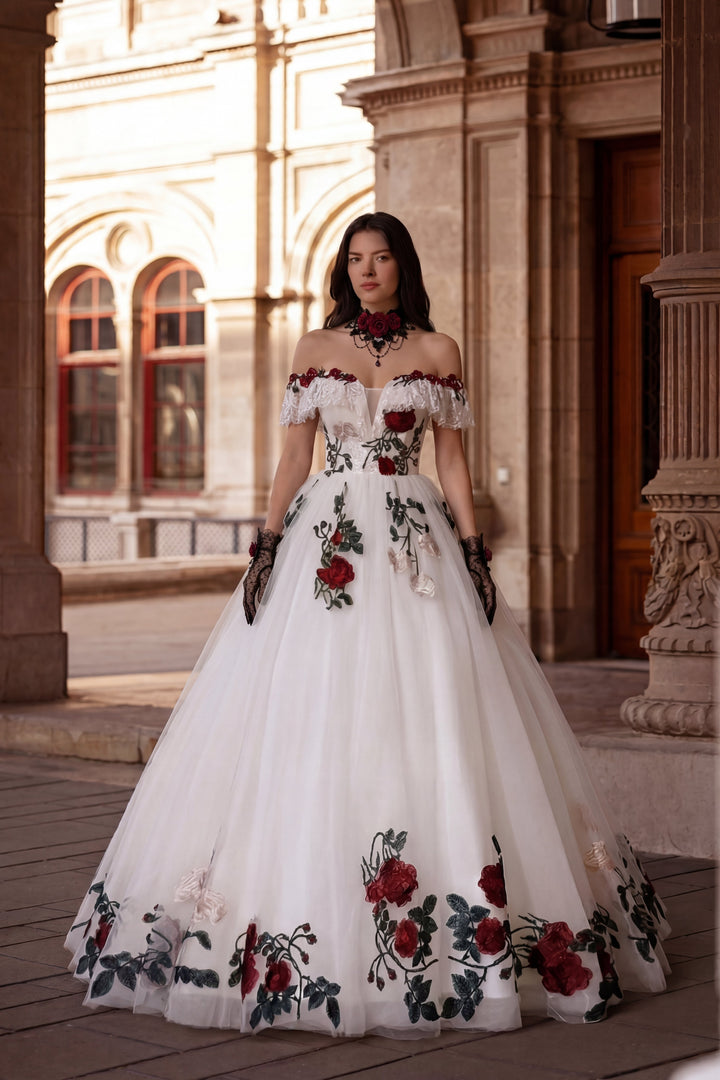 Gothic Off-Shoulder Floral Corset Wedding Dress - Gothic Prom Dress - Plus Size