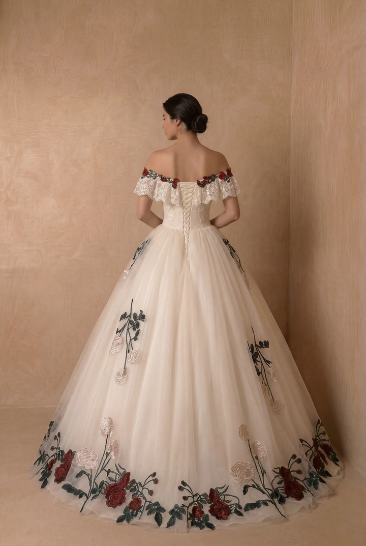 Gothic Off-Shoulder Floral Corset Wedding Dress - Gothic Prom Dress - Plus Size