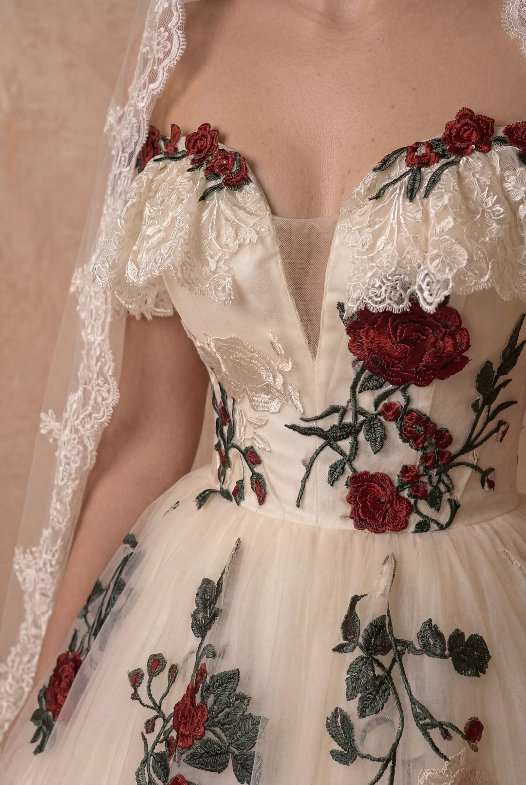 Gothic Off-Shoulder Floral Corset Wedding Dress - Gothic Prom Dress - Plus Size