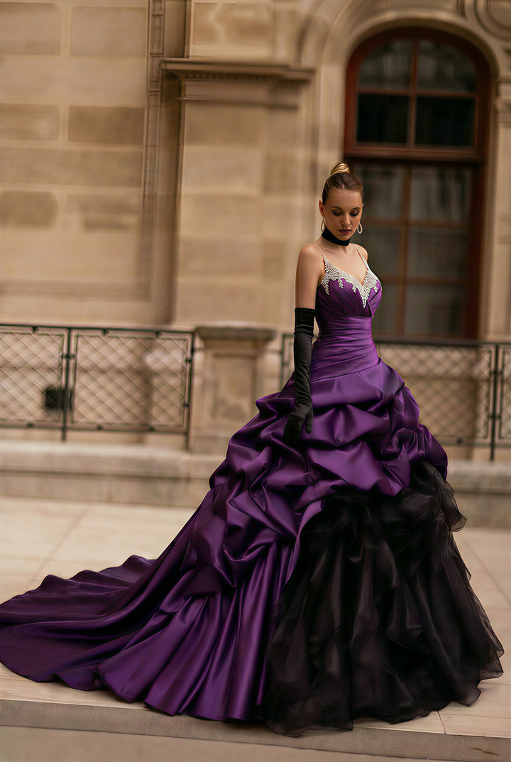 Gothic Purple And Black Strapless Beaded Wedding Dress Plus Size