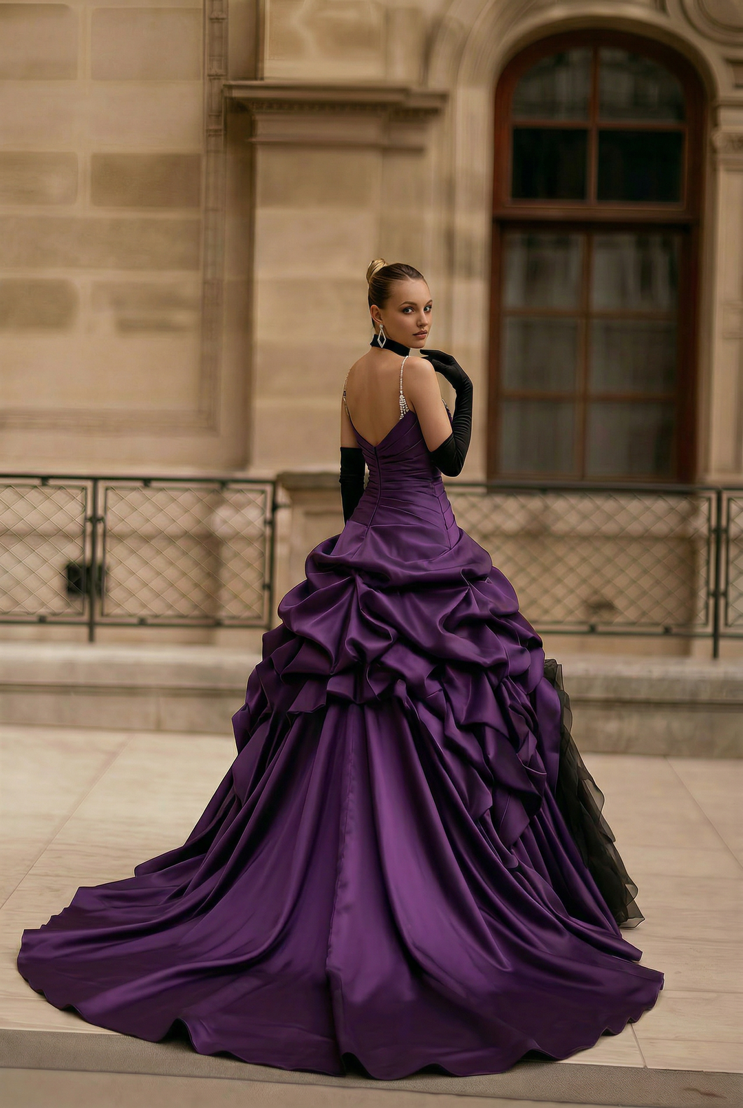 Gothic Purple And Black Strapless Beaded Wedding Dress Plus Size