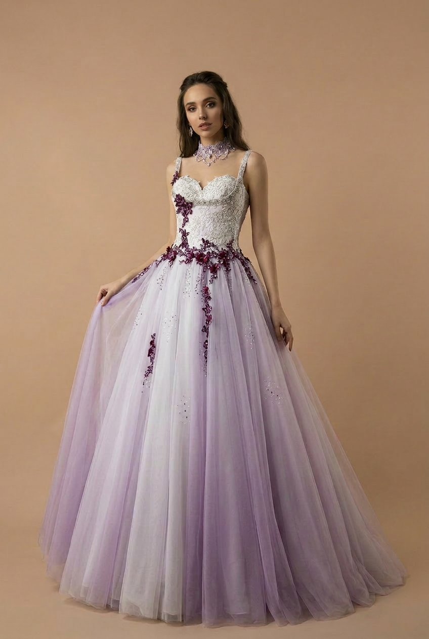 Gothic Purple Lace Embroidered Ball Gown Style Spaghetti Straps A-Line WonderlandByLilian Gothic Purple Lace Embroidered Ball Gown Style Spaghetti Straps A-Line WonderlandByLilian