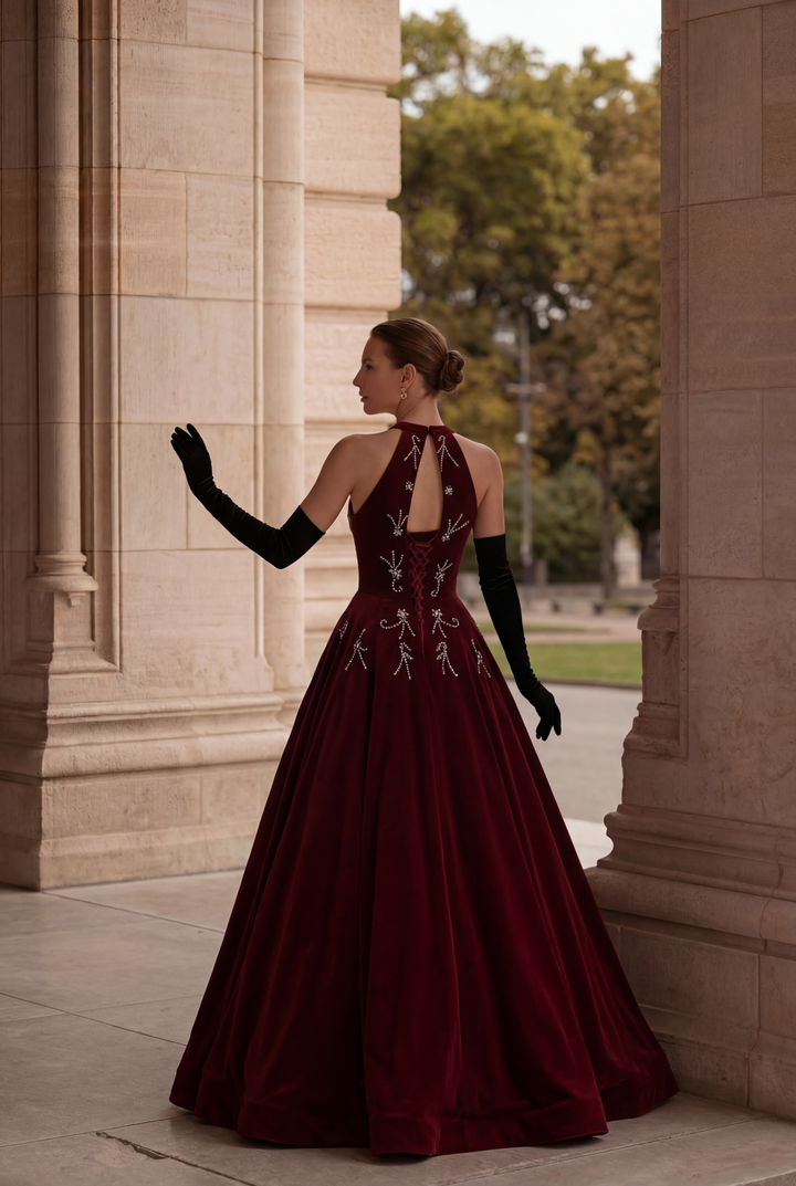 Gothic Red Dress for Evening with Corset Back - Red Velvet Evening Gown with Embellished Halter Neck Plus Size