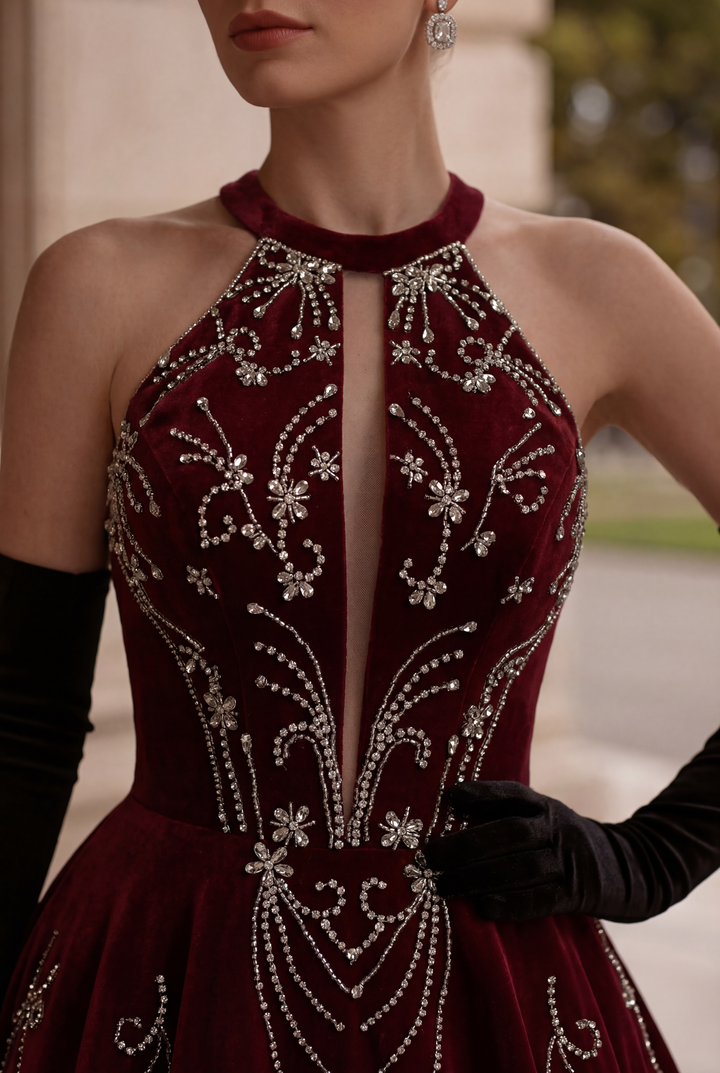 Gothic Red Dress for Evening with Corset Back - Red Velvet Evening Gown with Embellished Halter Neck Plus Size