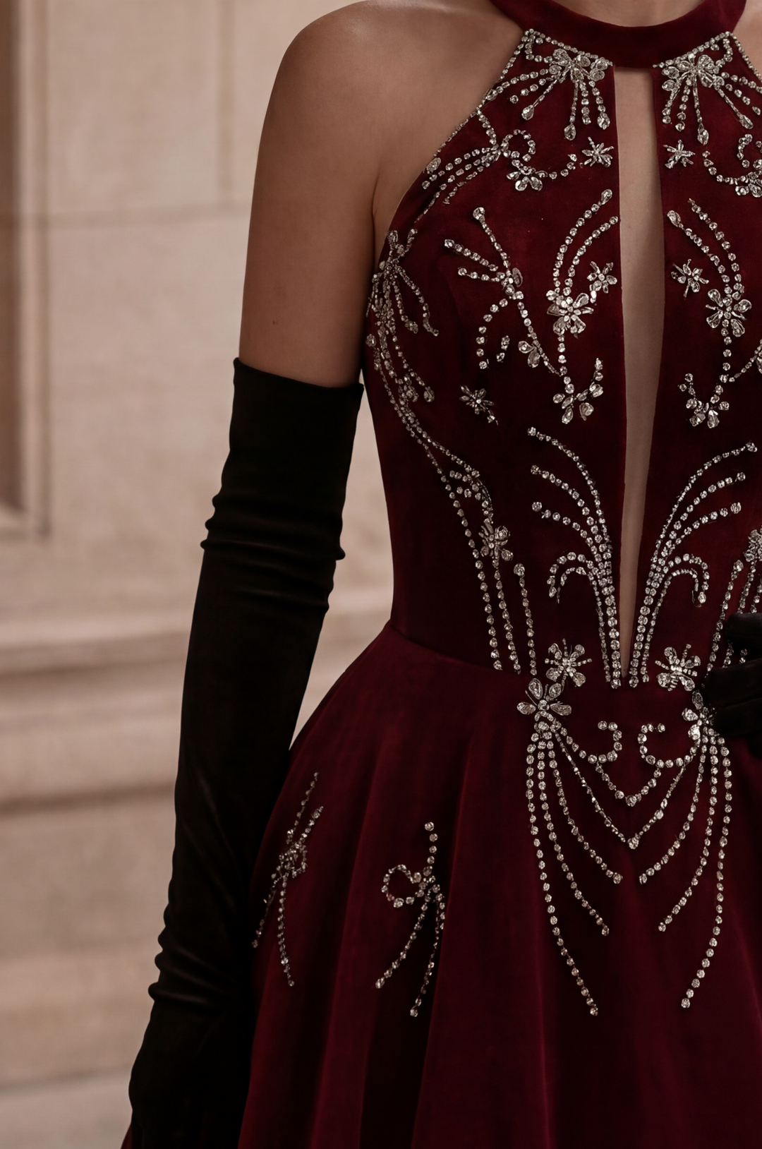Gothic Red Dress for Evening with Corset Back - Red Velvet Evening Gown with Embellished Halter Neck Plus Size