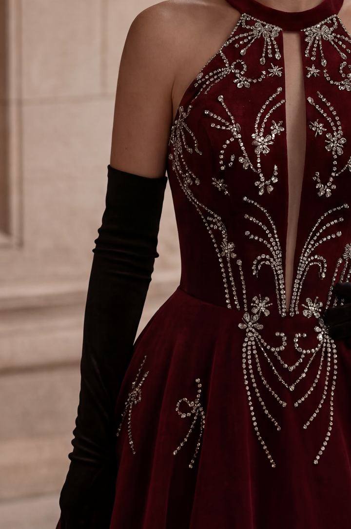 Gothic Red Dress for Evening with Corset Back - Red Velvet Evening Gown with Embellished Halter Neck Plus Size