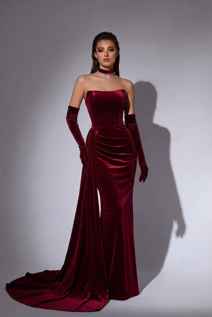 Gothic Red Evening Dress with Corset Back - Red Velvet Evening Gown with Draped Skirt Plus Size