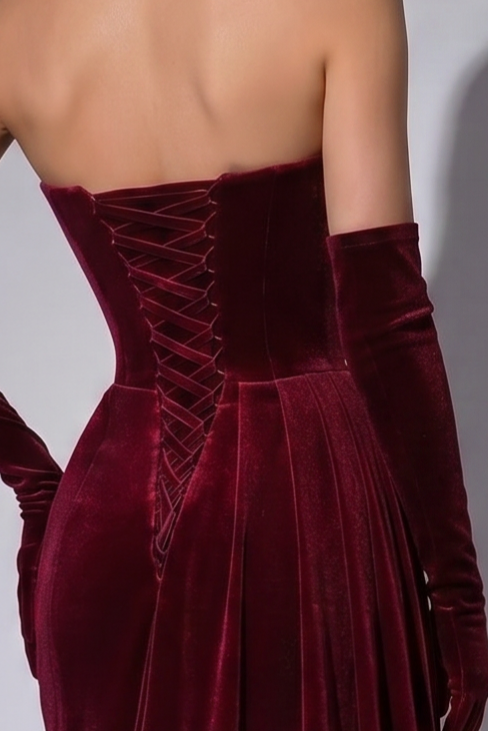 Gothic Red Evening Dress with Corset Back - Red Velvet Evening Gown with Draped Skirt Plus Size