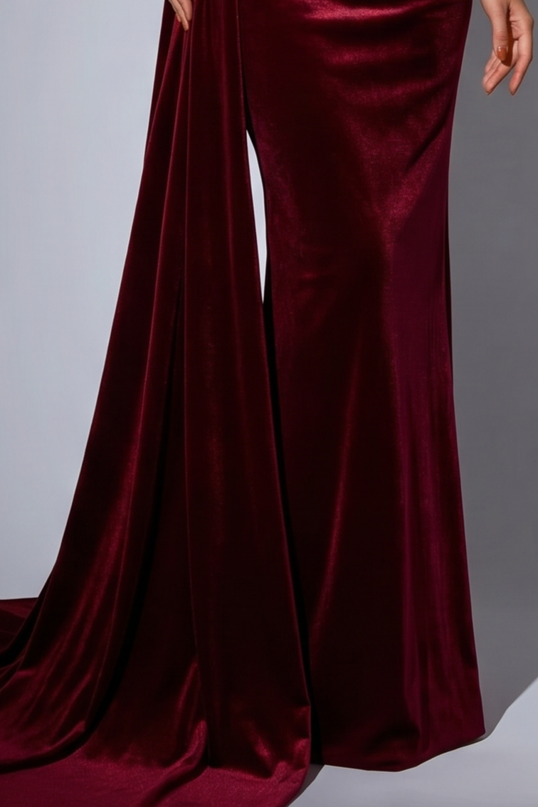 Gothic Red Evening Dress with Corset Back - Red Velvet Evening Gown with Draped Skirt Plus Size